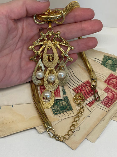 Gold and Pearl Dangle Necklace Bloomers and Frocks